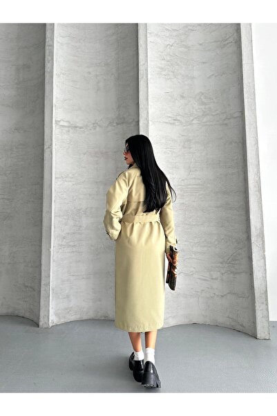 ParlaMira Kadın Haki Uzun %100 Pamuk Gabardin Rüzgarlık Detaylı Düğmeli Astarlı Premium Trençkot