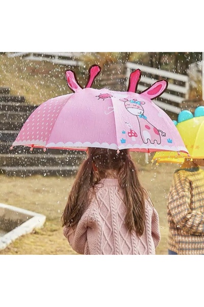 Demirkan house Sevimli Zürafa Figürlü 3D Kulaklı Çocuk Şemsiyesi - Pembe Püskül Detaylı