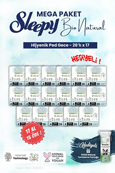 Sleepy Bio Hijyenik ped 26'lı Gece 17 AL 15 ÖDE Mega Paket ve ROSIE makyaj pa...