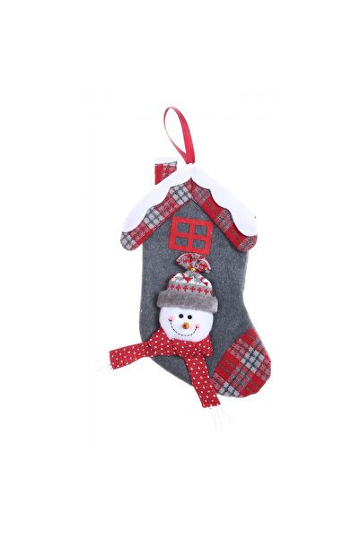 OEM Gift stocking, house model, gray color, snowman print, size 15x30 cm