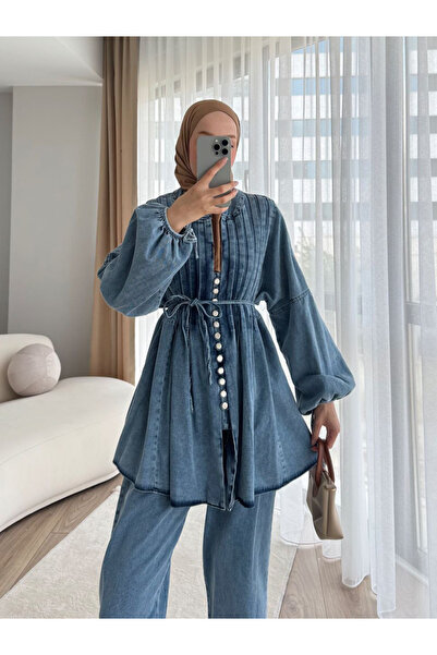 Esre Store 4044 - Kot Tesettür İkili Takım Mavi