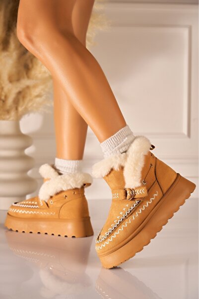 Joana Ghete de damă cu blană artificială și piele întoarsă camel - Reonaz