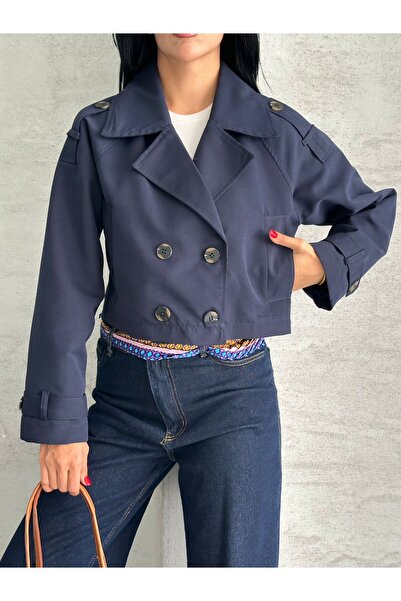 ParlaMira Kadın Lacivert Crop %100 Pamuk Gabardin Rüzgarlık Detaylı Düğmeli Astarlı Premium Trençkot