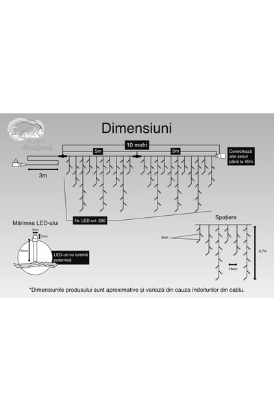 Flippy Christmas Icicle Light Installation, IP44, 10 m, 286 LEDs, Fringed Curtain, Cold White, 8 Light Mode