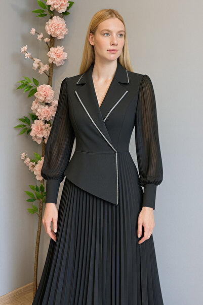 Hürrem Aldinç BÜYÜK BEDEN ŞİFON KOL PLİSELİ UZUN ABİYE ELBİSE – 40/42/44/46