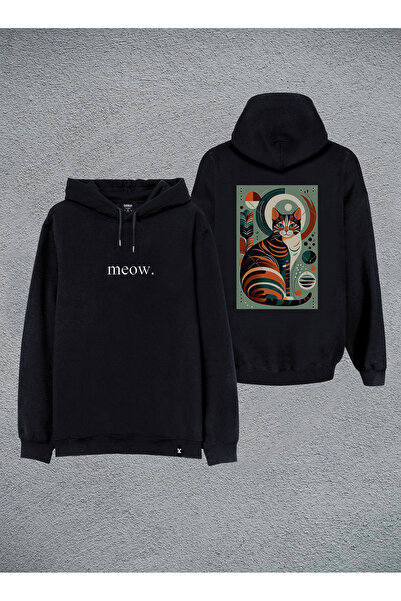 MODA هوديي أسود بقلنسوة مطبوع عليه قطة كات