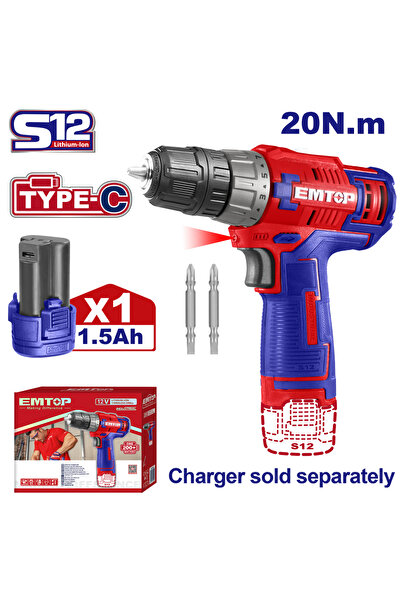 EMTOP Impact drill and screwdriver, with 1 1.5Ah battery, charging via type C...