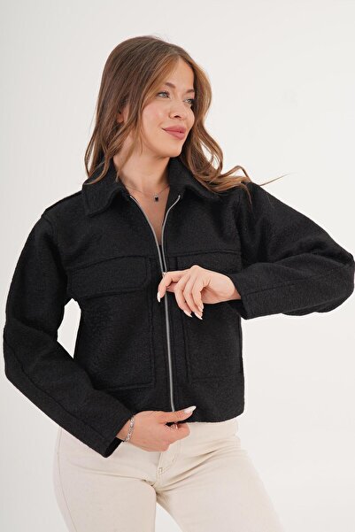 Hipo Trend Jachetă scurtă neagră cu model buclă, cu guler polo și închidere c...