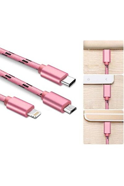 SOHO 3-in-1 Data Cable Lightning Micro USB Type-C for iPhone, Samsung, Huawei - Pink