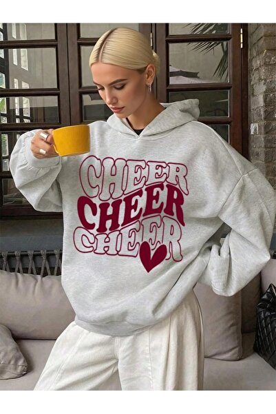 AFROGİYİM Women's Cheer Printed Ribbed 2 Thread Hooded Sweatshirt