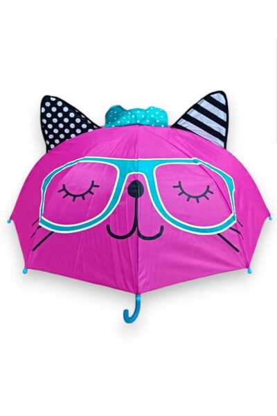 Demirkan house Gözlüklü Cool Kedi Figürlü 3D Çocuk Şemsiyesi - Fuşya Renk, As...