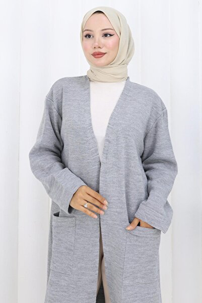 hafsamina Ατσάλινο πλεκτό μακρύ πλεκτό ζακέτα γκρι HM2838