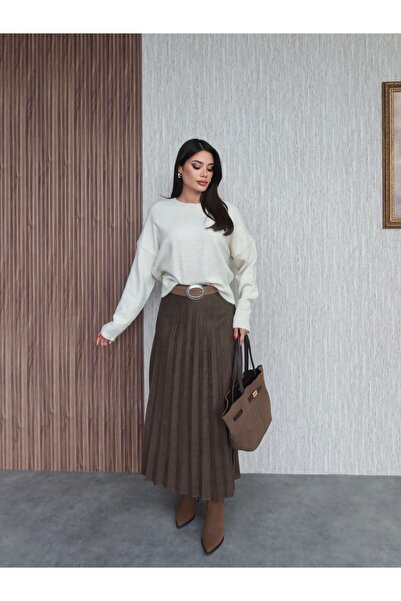 ESRAHELVACI Belted Pleated Suede Long Skirt