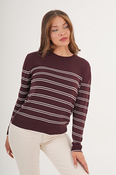 Hipo Trend سترة تريكو رفيعة ذات ياقة دائرية مخططة باللون العنابي