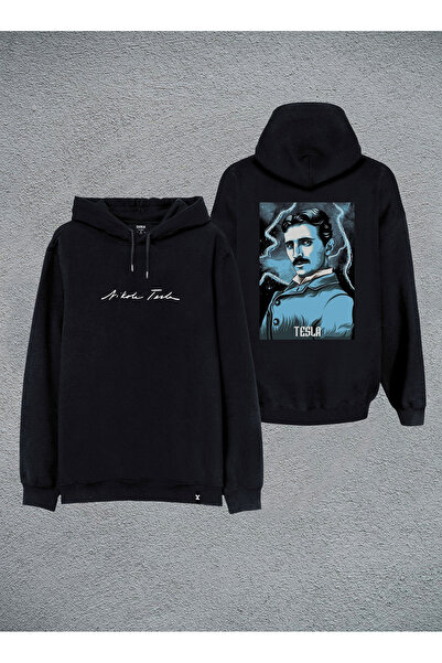 MODA هوديي سويت شيرت بقلنسوة أسود مطبوع من نيكولا تيسلا