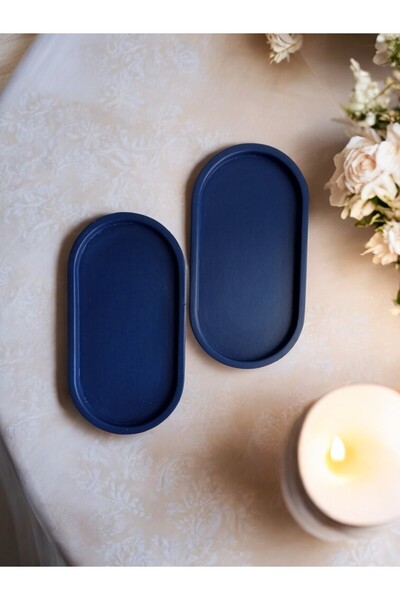 Blue Moon Candle & Decoration 2'li Lacivert Oval Sunumluk Takı Mum Ve Saksı A...