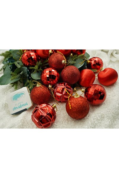 Bibilel Set of 28 Red Bauble Christmas Ornaments, Polystyrene, Glitter Finish (Box 18x22x18 cm)