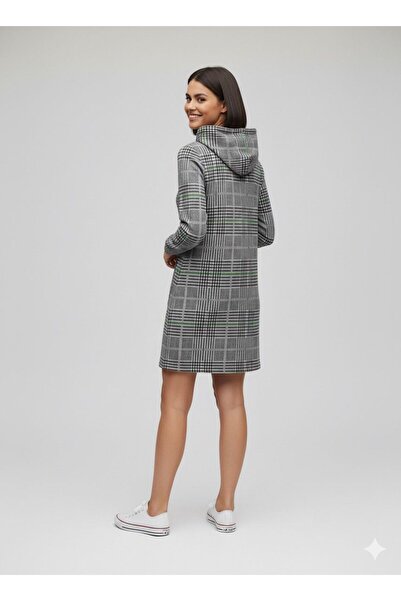 Green'DAL Kapüşonlu Kanguru Cep %100 Pamuk Tam Kışlık Oversize Spor Kadın Hoodie Elbise