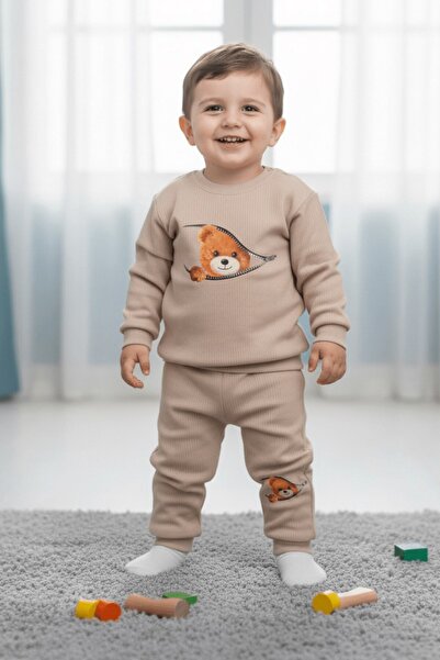 voyyo kids baby Ayıcıklı Fermuar Desenli Fitilli Pamuklu Erkek Bebek Takımı |...