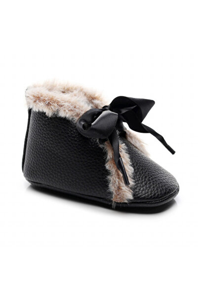 Superbaby Black fur-lined ankle boots with satin bow