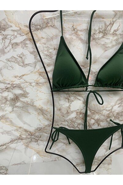 Genel Markalar Kadın Haki Likralı String Yandan Ve Boyundan Bağlama İpli Tanga Bikini Takım