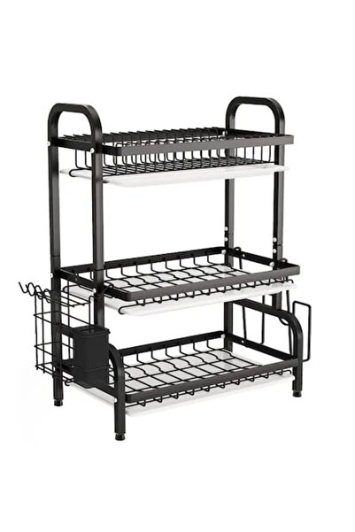 Rovitech Scurgator pentru vase si tacamuri cu picurator, 3 niveluri, Metal, Negru mat, 54x23x60cm