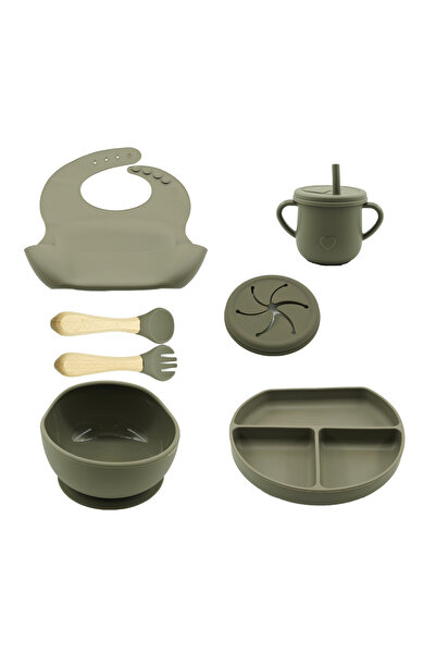 Flippy Set de diversificare pentru bebeluși și copii din silicon, format din 8 piese, bavetă, placă divizată în ventuză, ventuză