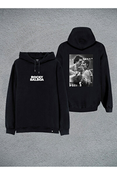 MODA Rocky Balboa Baskılı Siyah Kapşonlu Kapüşonlu Sweatshirt Hoodie