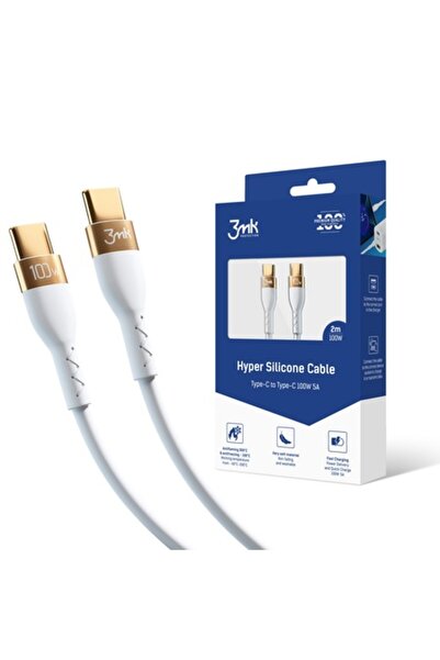 3MK Cablu de date și încărcare USB-C la USB-C din silicon hiper, 100W, 2m, alb