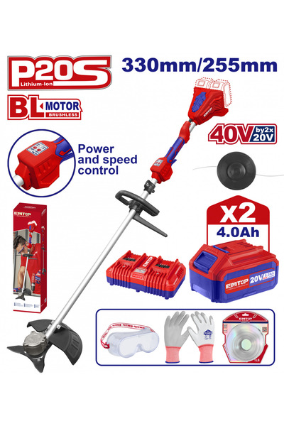 EMTOP Mașină de tuns iarba/coapă electrică cu fir, 2 baterii de 4.0Ah, motor ...