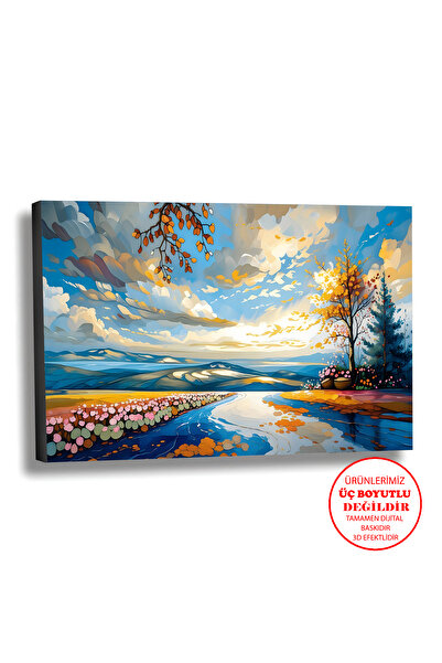 Harika bir ev KANVAS-DUVAR-SALON TABLOSU YAĞLI BOYA EFEKTLİ MANZARA ÇİÇEKLİ Y...
