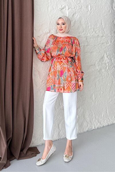 Rimel Moda Defne İpek Gömlek Turuncu