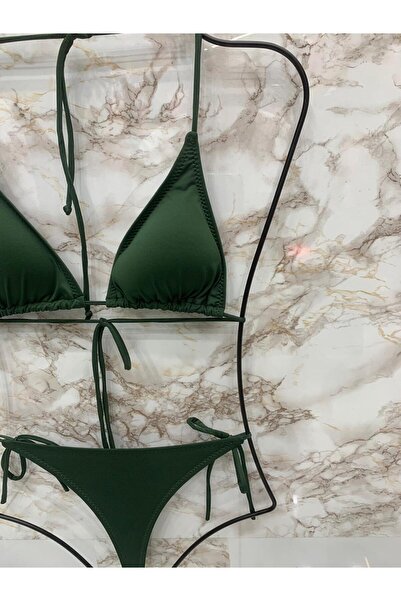 Genel Markalar Kadın Haki Likralı String Yandan Ve Boyundan Bağlama İpli Tanga Bikini Takım