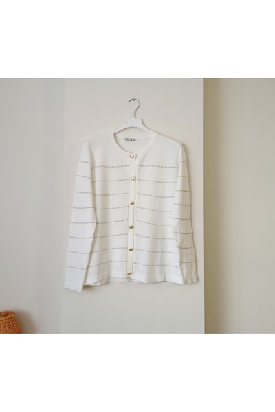 Butik Şans Gold Glitter Trim Button Closure Knit Cardigan