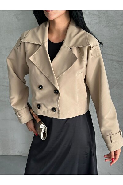 ParlaMira Women's Beige Crop 100% Cotton Gabardine Windbreaker Detailed Buttoned Lined Premium Trench Coat