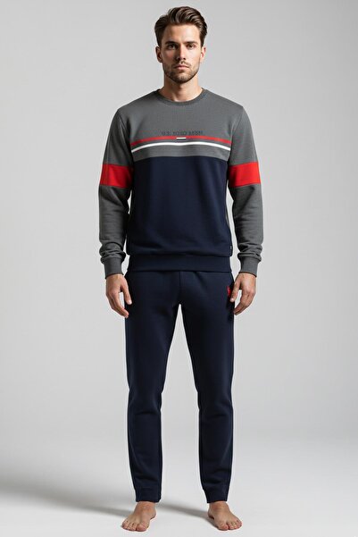 U.S. Polo Assn. Men's Long Sleeve Anthracite Color Red Stripe Detailed Straight Leg Pajama Set C0T3N981
