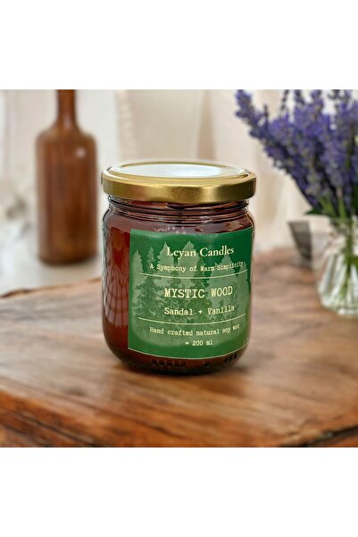 MYSTIC WOOD Sandal Vanilya Aromalı Doğal Soya Mumu 200 ML Amber Cam Kavanoz