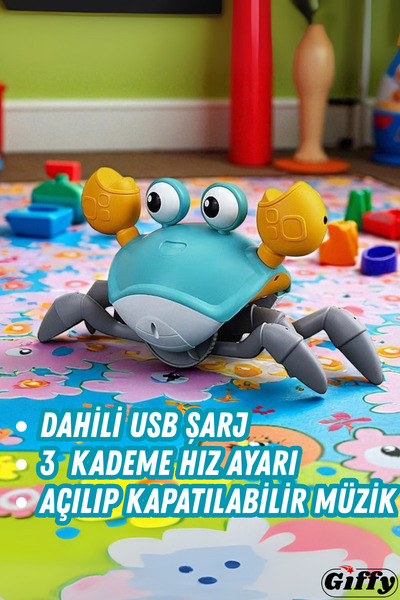 giffy Oyuncak Emeklemeye Yardımcı 3 Kademeli Hız Kapatıp Açılabilen Müzikli Sensörlü Dahili Şarjlı Yengeç