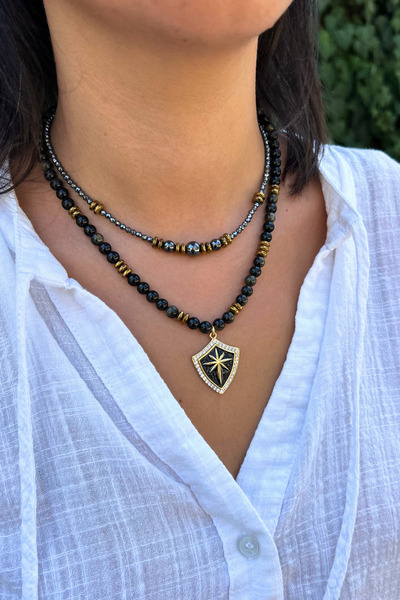 Suerte Accessories Onyx Natural Stone Steel-Tipped Hematite Stone Handmade Special Design Double Natural Stone Necklace Combination