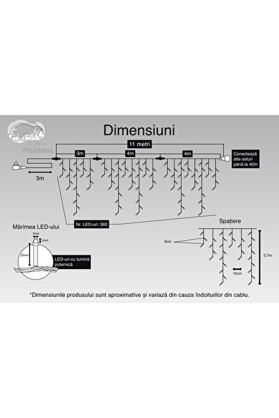 Flippy Instalație luminoasă de Crăciun, 11 m, 360 LED-uri, stil cu franjuri, alb cald, bliț, telecomandă, intermitent