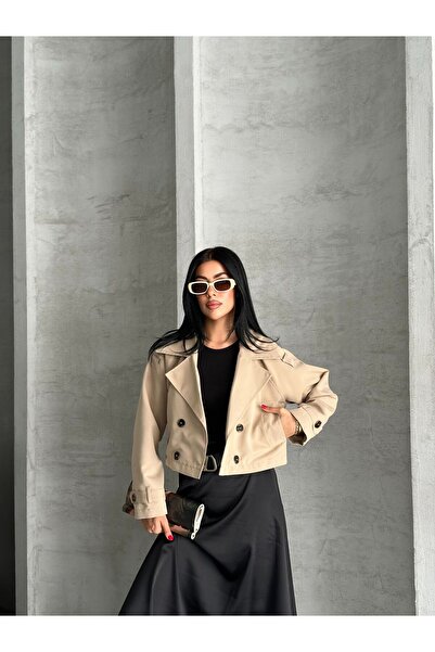 ParlaMira Women's Beige Crop 100% Cotton Gabardine Windbreaker Detailed Buttoned Lined Premium Trench Coat