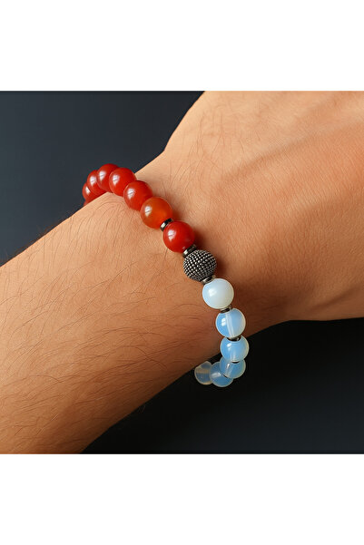 BS JEWELRY سوار من الأوبال والعقيق الأحمر من الأحجار الطبيعية