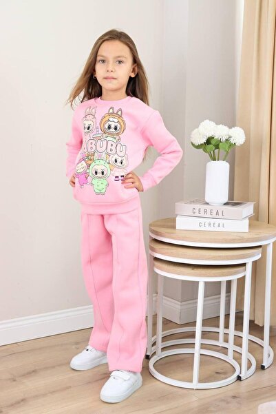 MUMİKİDS Set de trening pentru fete cu 3 fire Labubu, cu imprimeu, cu picioare largi, cu fundul înalt, cu fundul înalt