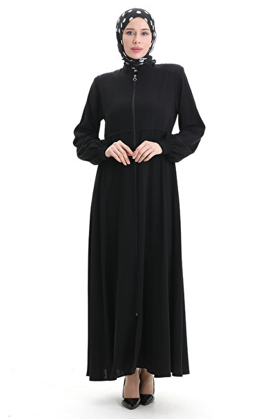 sefamerve Large Size Embroidered Zippered Ferace 5079-01 Black