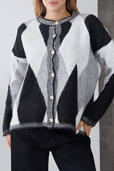 DPARİS Baklava Patterned Gold Buttoned Knit Cardigan