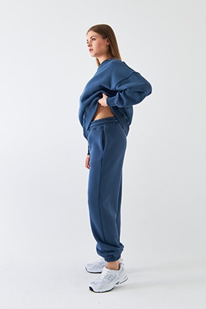 The Champ Clothing Unisex Oversize Eşofman Takımı Basic Marine – Bisiklet Yaka, Lastikli Paça, 3 İplik Şardonlu Polar