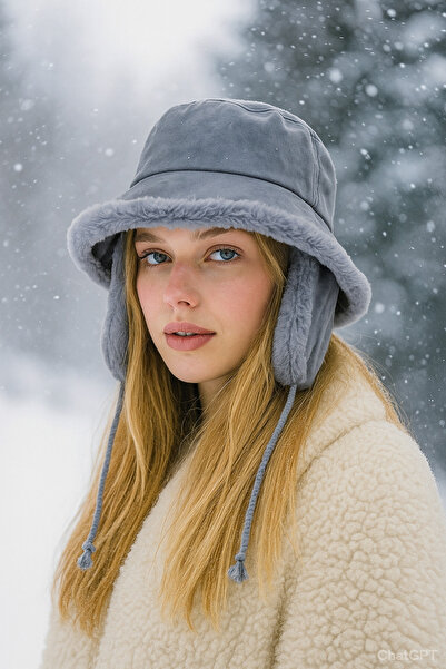 Neşeli Butik kadın içi kürklü süet kulaklıklı şapka NBAKS007