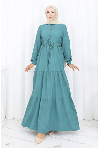 sefamerve Kolu Lastikli Belden Bağlamalı Elbise 2158-04 Petrol