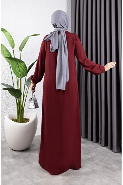 sefamerve Yarım Düğmeli Viskon Elbise 7103-06 Bordo