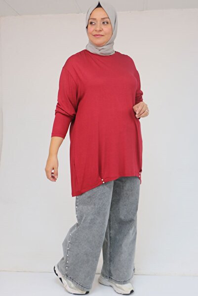 Eslina 58121 Plus Size Strawberry Tunic with Side Ruffles - Burgundy